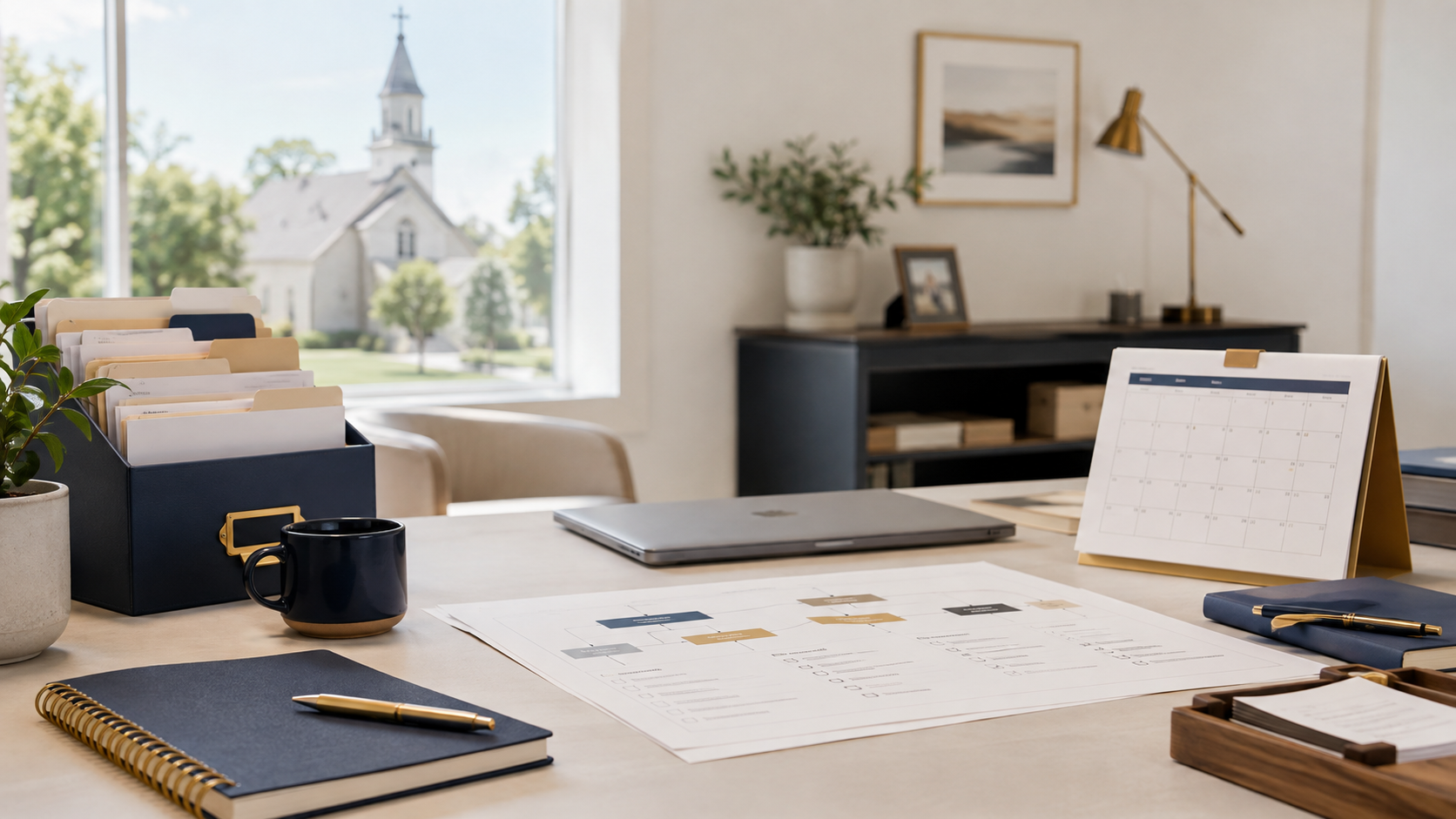 An organized church office with planning materials and a calendar